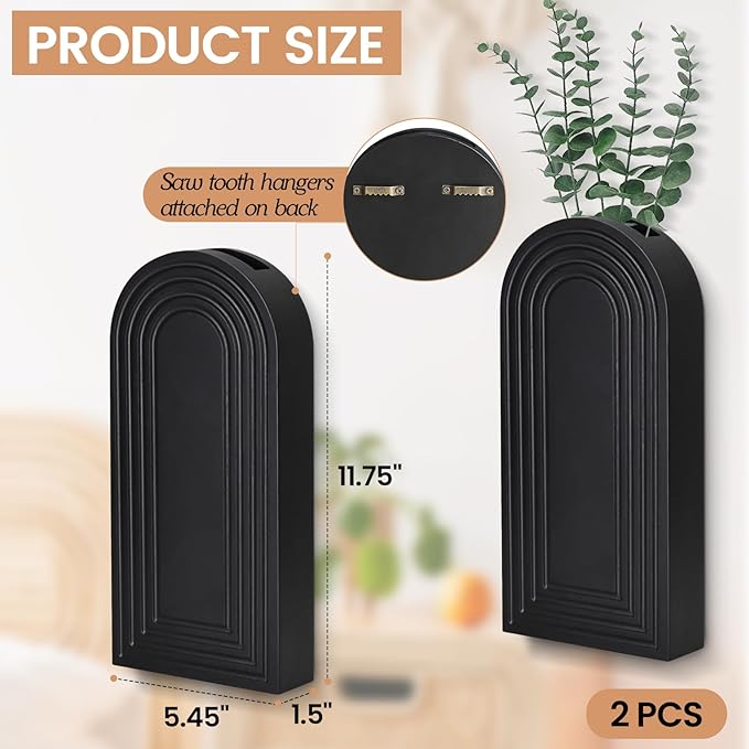Wall Planter for Indoor Plants, Black Wall Decor for Living Room, Bathroom, Wood Wall Vases for Decor Dried Flowers and Faux Greenery, Set of 2 Modern Farmhouse Decor Hanging Planter