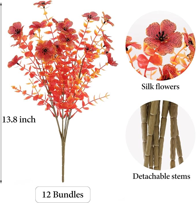 12 Bundles Artificial Fall Flowers Outdoor UV Resistant Fake Mums Bulk Outdoor Faux Mums Plants Plastic Flower Decorations for Home Garden Porch Hanging Planter Vase Autumn Decor Outside, Orange