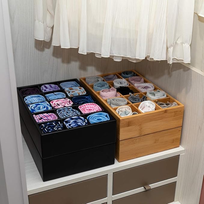 GOBAM Bamboo Closet Drawer Organizer, 15 Compartments - Drawer Divider & Storage Box for Ties, Bras, Briefs, Socks & Jewelry - Storage Organizer for Dressing Room & Bedroom - Black