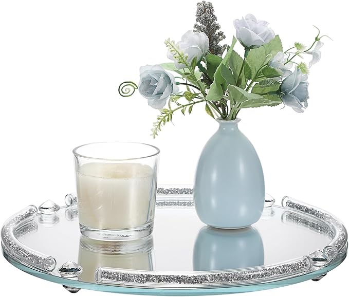 Hipiwe Glass Mirrored Tray, 11.8" Round Mirror Decorative Tray with Crushed Diamond Design for Jewelry, Cosmetics, Bathroom Countertop Makeup Organizer