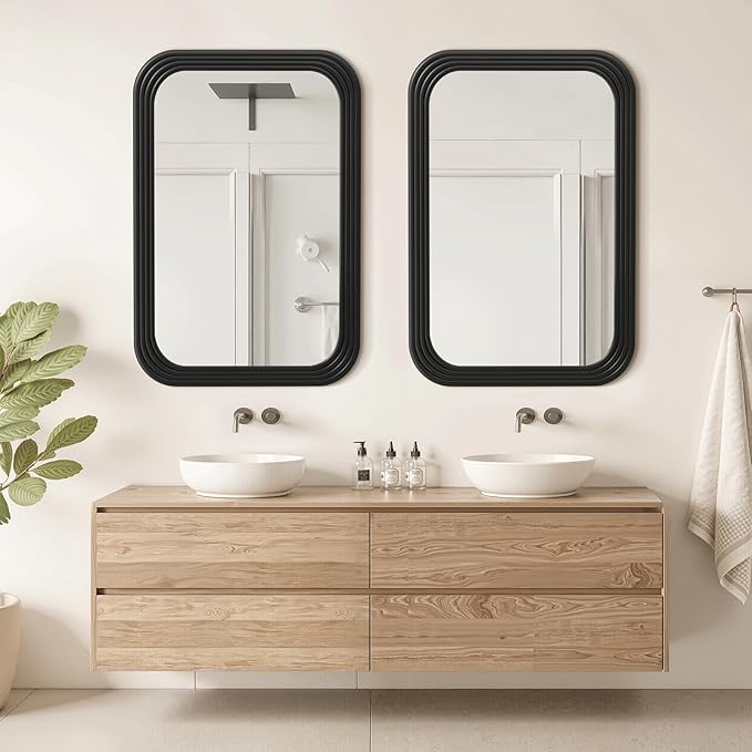 36x24 Inch Rectangle Wall Mirror with Wood Frame,Black Rounded Corners,Wall Mounted for Bathroom Vanity,Living Room,Bedroom,Entryway