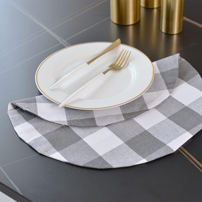 Grey & White Cotton Buffalo Check Round Placemat, Set of 4, 15 Inch eco-Friendly Fabric Handcrafted Machine Washable Indoor & Outdoor Tablemat