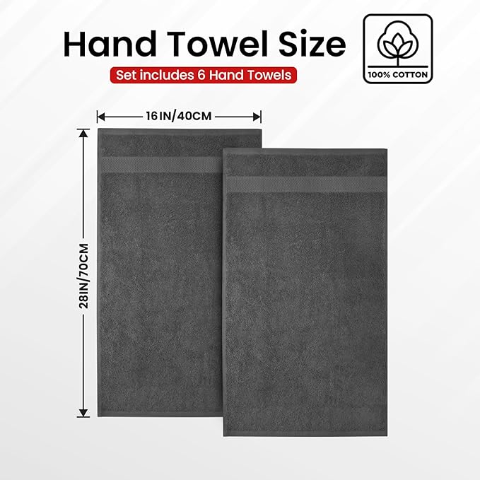 Infinitee Xclusives 100% Cotton Hand Towels for Bathroom – Ultra-Soft & Highly Absorbent, 6-Pack, Gym, Spa & Hotel | Shadow Grey |