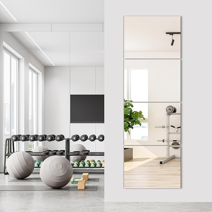 Wall Mirror Tiles, 16"x12"x4PCS Full Length Home Gym Mirror for Garage, Bedroom, Living Room, Over The Door