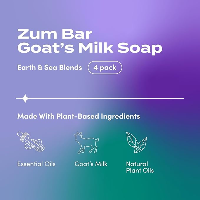 Zum Bar Goat's Milk Soap - Earth and Sea Blends - Frankincense and Myrrh, Sea Salt, Patchouli-Orange, Cedar - 3 oz (4 Pack)
