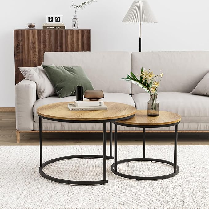 Smuxee Nesting Coffee Table Set of 2, 27.6" Round Coffee Table Wood Grain Top with Adjustable Non-Slip Feet, Industrial End Table Side Tables for Living Room Bedroom Balcony Yard