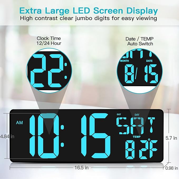 XREXS 17.2" Large Digital Wall Clock Bluetooth Sync Time, Precise Atomic Clocks with Remote Control, Adjustable Dimmer Grandfather Clock, Temperature Clock for Bedroom, Desk Alarm Clock for Teens