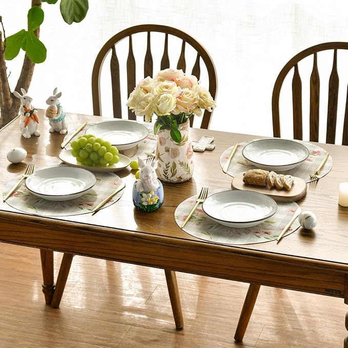 Artoid Mode Bunny Rabbit Ears Buffalo Plaid Flower Easter Round Placemats Set of 4, 15 Inch Spring Table Mats for Party Kitchen Dining Decoration