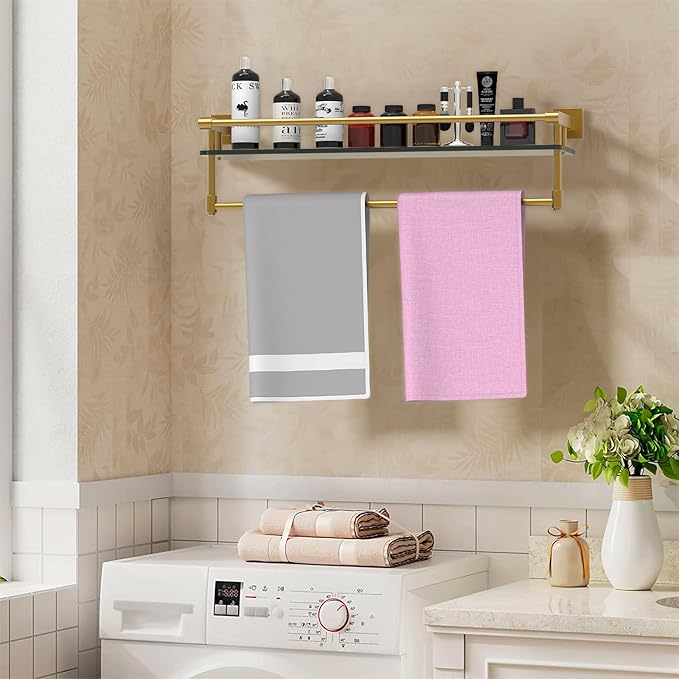 Bathroom Glass Shelf with Towel Bar/Rack 24 inches Wall-Mounted Shelves Tempered Glass Sink Toilet Organizer Shower Towel Decorative Storage (Polished Gold Finish)
