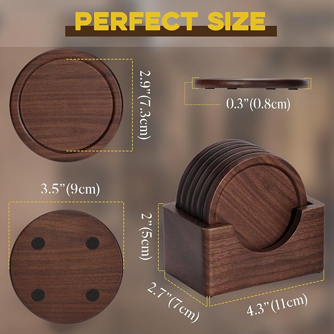 Wood Coasters with Holder, GOH DODD Set of 6 Walnut Wooden Coaster Tabletop Protection for Drinks Coffee Table Home Kitchen Office Bar Living Room Decor Housewarming Gifts Wedding Party, 3.7 Inch