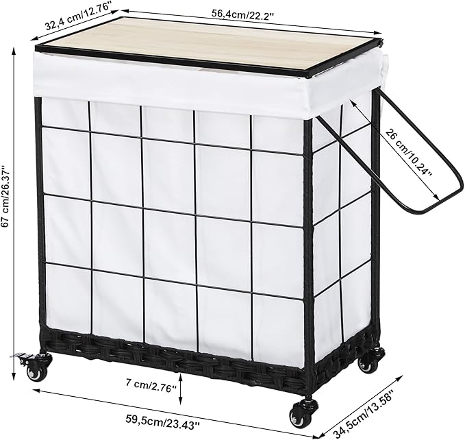Durable Laundry Hamper with Removable Liner Bag, Heavy Duty Wheels, Wood Lid and Metal Handle - Clothes Sorter and Laundry Basket in White