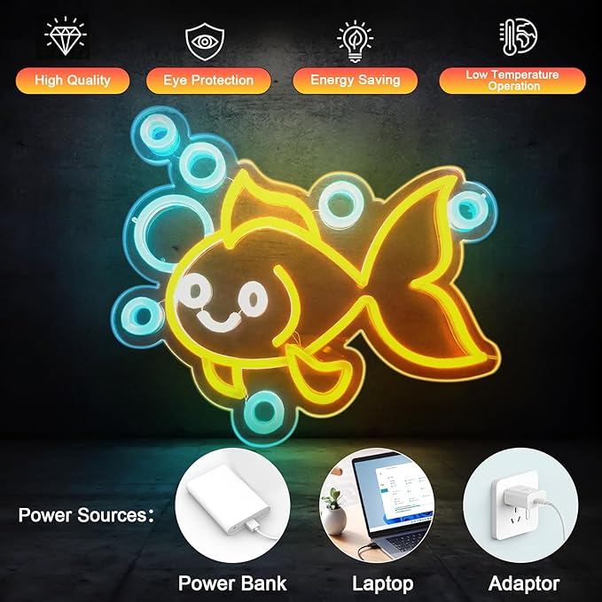 Fishing Neon Signs for Wall Decor,Bright Dimmable Led Goldfish Fish Animal Neon Light Powered by USB for Fishing Decor Room Bedroom Birthday Party Kids Gifts Man Cave Living Room