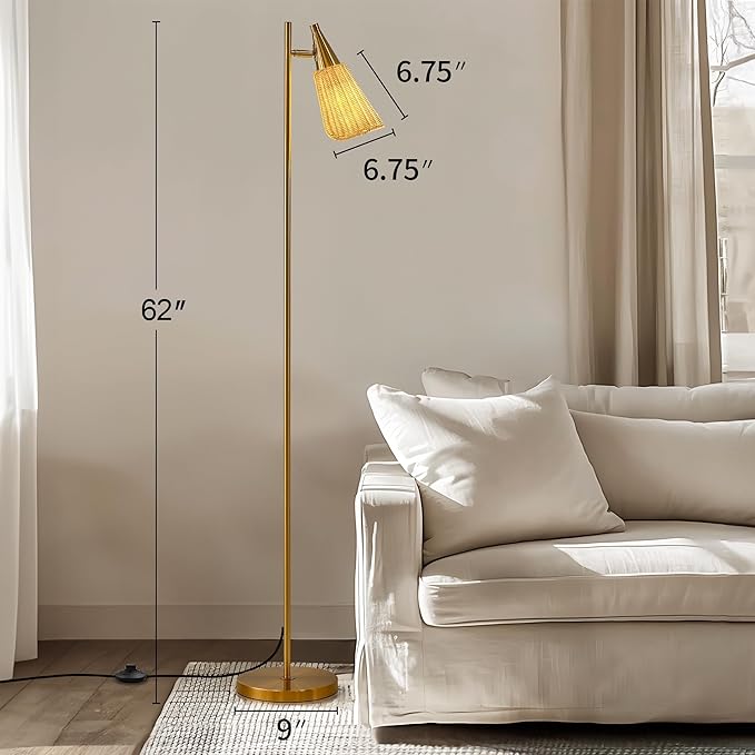 62" Modern Gold Floor Lamp with Foot Switch Standing Lamp Tall Pole Lamps with Metal Heads for Living Rooms, Bedrooms, Home, Office