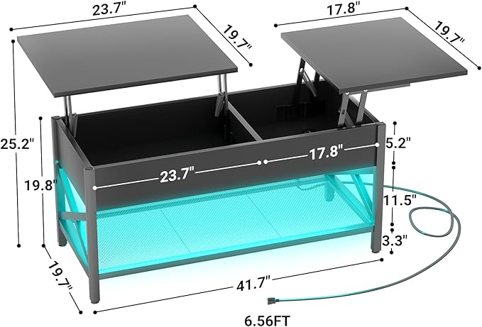 Aheaplus Black Lift-Top Coffee Table with LED Light, Power Outlets and Storage Shelf, 41.7"W x 19.69"L x 19.7"H