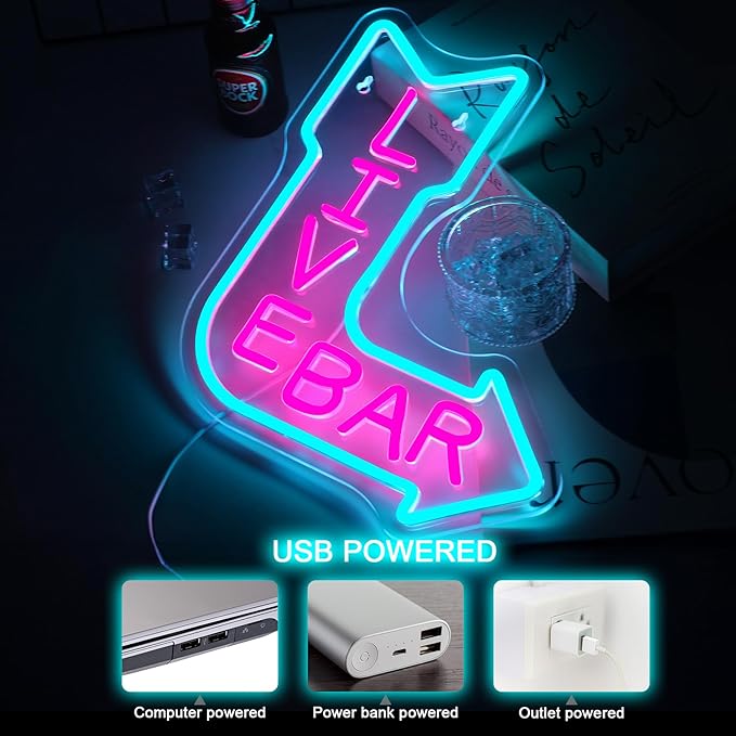 NOSUN LIVE BAR Neon Sign for Wall Decor Man Cave Bar Beer Home Art Neon Light LED Neon Lights Signs with Dimmer for Bedroom Office Hotel Pub Recreation Room Sign