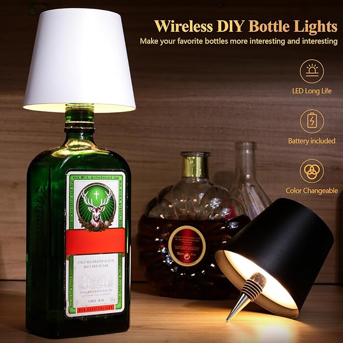 Wireless Bottle Lamp Shade,Rechargeable LED Portable Cordless Table Lamp, 3 Colors Stepless Dimming Touch Wine Bottle Lights for Outdoor Bars Dining Bedroom (White)