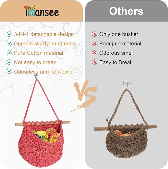 Hanging Baskets for Organizing, 3 Tier Detachable Wall Hanging Fruit Basket Over the Door Organizer for Vegetable Plant, Blue Pink Boho Cotton Crocheted Fruit Holder for Kitchen Bathroom Bedroom