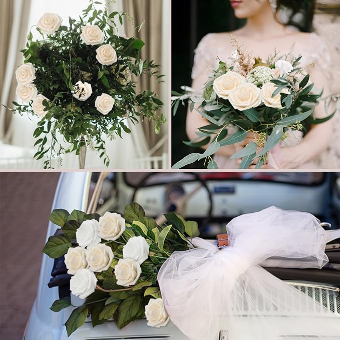 200PCS Artificial Flowers Champagne Roses Real Looking Foam Fake Roses with Leaves and for DIY Wedding Bouquets Bridal Shower Centerpieces Party Decorations (Champagne, 200)