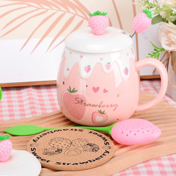 Pink Mug, Cute Strawberry Cup with Cover Spoon, Ceramic Cute Coffee Mugs with strainer, Kawaii Cup for Tea Milk, Gift for Women Girls Student Korean Style 450ML Christmas Birthday