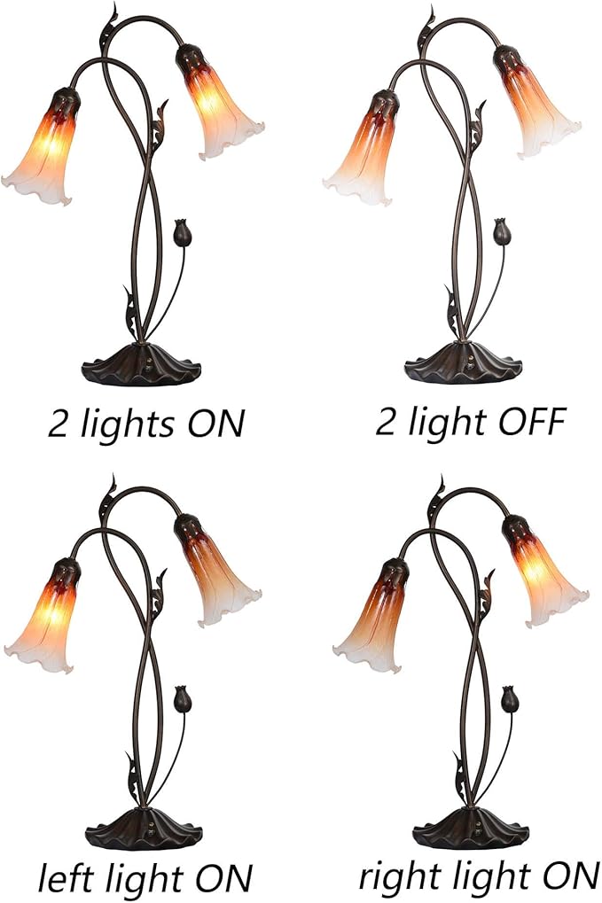 Bieye L10698 Lily Flower Blown Glass Accent Table Lamp for Living Room Bedroom Decoration (2-Light, Orange)