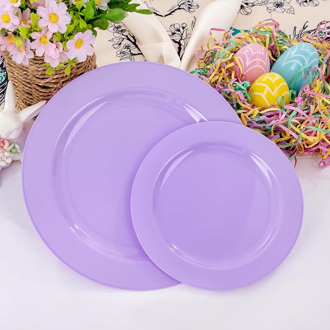 FLOWERCAT 60PCS Easter Plates - Purple Plastic Plates - Heavy Duty Purple Plates Disposable for Easter Party/Wedding - Include 30PCS 10.25" Purple Dinner Plates and 30PCS 7.5" Purple Dessert Plates