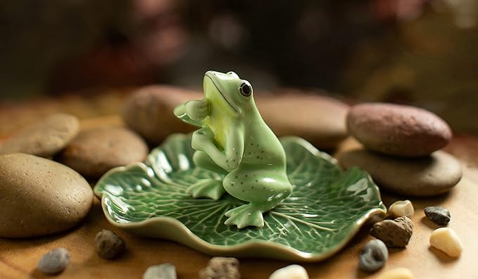 Tiny 2" High Light Green Frog On 4" Wide Lotus Leaf Incense Holder - Ceramic Incense Stick Tray Porcelain Miniature Handmade Animals Figurine Display Cute Mini Colorful Décor Gift