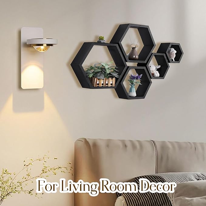 DD DEFINED DECO Set of 3 Pine Wood Hexagon Shelves for Wall Decor,Wall Mounted Floating Shelves,Farmhouse Honeycomb Living Room,Hanging Rustic Shelf Racks Bedroom,Nursery, Black, (B2C230007-3SET)