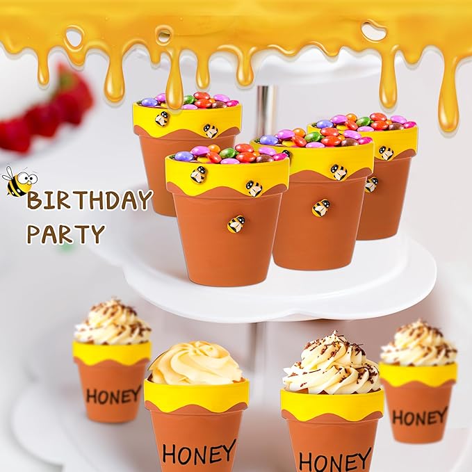 Leinuosen 24 Pcs Honey Bee Pot, 3 Inch Honey Jars for Cupcake, Planter, Bee Themed Party Favors for Baby Shower 1st Birthday Party Supplies and Wedding Gifts (Yellow and Brown)