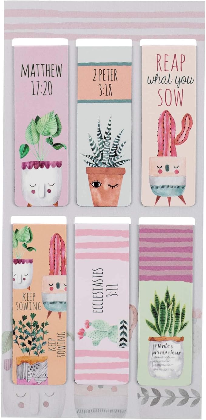 Christian Art Gifts Magnetic Scripture Bookmark Set for Women: Grow in Grace -2 Peter 3:18 Inspirational Succulent Garden Magnetic Bible Verse Pagemarker Set of 6 for Bibles and Books Size 2.3” x 0.8”