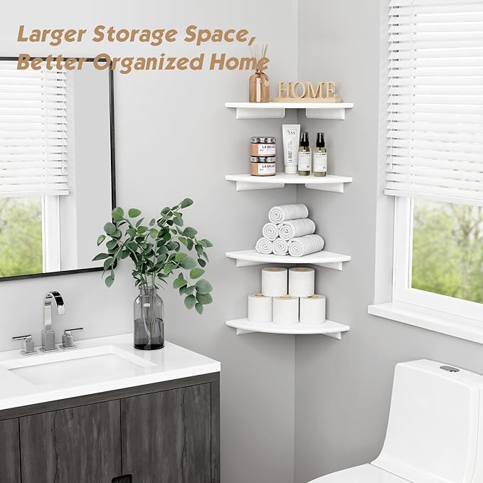 Forbena Corner White Floating Book Shelves for Wall Set of 4, Wood Nursery Corner Bookshelf for Kids Bedroom, Large Modern Round Wall Bookshelves for Living Room Decor, Indoor Plants, Bathroom