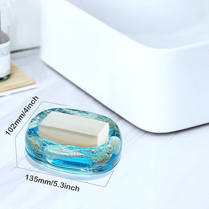 FONMY Soap Dish Acrylic w/Nature Seashell Bar Soap Holder Shower Soap Tray for Home, Camping Travel, Dry Stop soap Saver for Bathroom Vanity Countertop Office Unique Gifts and Home Decoration (Blue)
