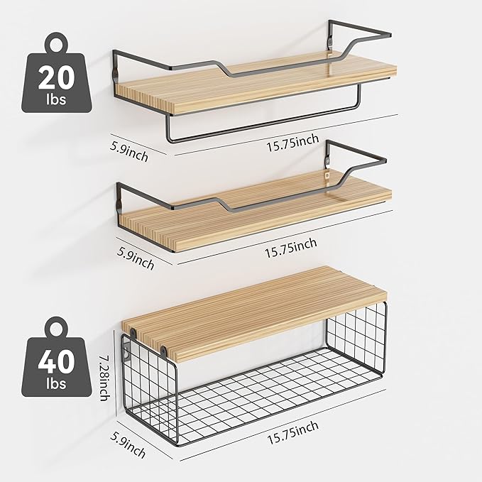 Floating Shelves Wall Mounted,Wood Bathroom Shelf Over Toilet with Paper Storage Basket, Wall Decor Farmhouse Floating Shelf for Bedroom, Living Room, Kitchen,Office (Light Rustic)