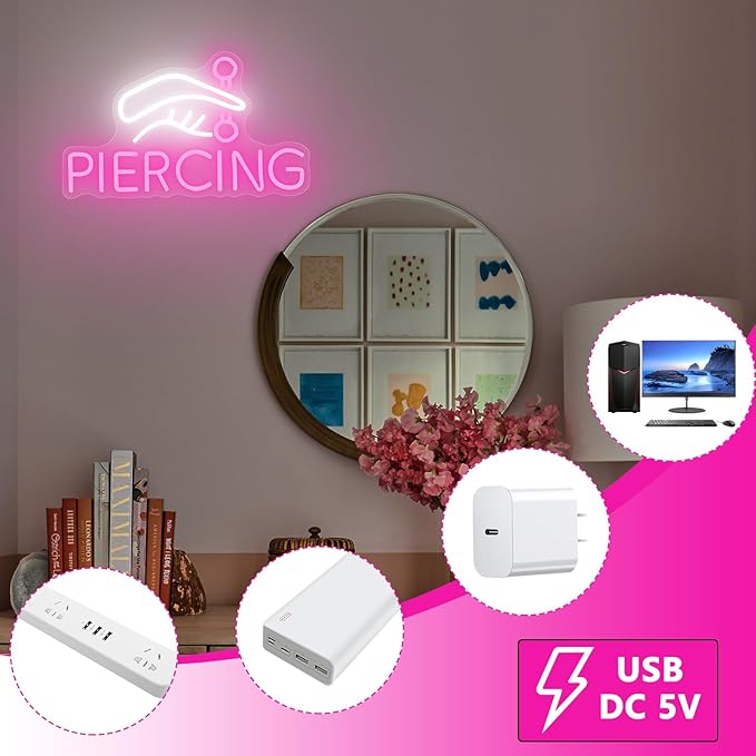 Piercing Neon Sign, Tattoo Neon Signs for Wall Decor, Dimmable Led Signs for Bedroom, Light Up Signs for Tattoo Salon Studio Ear Body Piercing Shop Business Decoration
