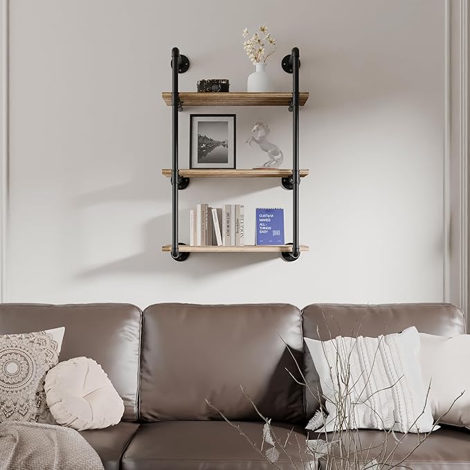 Industrial Pipe Shelf 24 inch,3 Tier Industrial Wall Shelves,Pipe Shelf with Wood Plank,Wall Mounted Bookshelf Shelving for Bathroom,Bedroom,Kitchen,Living Room