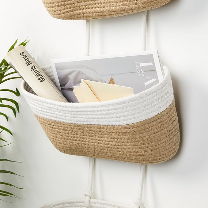 DULLEMELO Hanging Storage Basket for Organizing, 3-Tier Over The Door Organizer, Woven Wall Basket Decor Hanging Baskets for Storage, Versatile Storage for Every Room, White&Jute