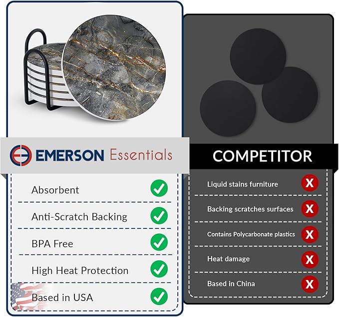 Emerson Coasters for Drinks Absorbent – Natural Stone Drink Coasters Set with Holder, Coasters for Coffee Table, Wooden Tabletop Protection Marble Style – 100% Heavy Duty Set of 6 (Gray)