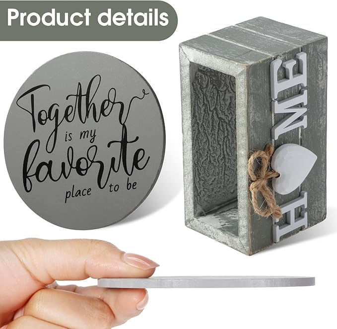 Queekay Housewarming Gifts for Home Decoration Wooden Heart Coasters for Drinks 6 Set Farmhouse Coasters with Holder Funny for Family Coffee Table Protection, 4''(Gray, Black)