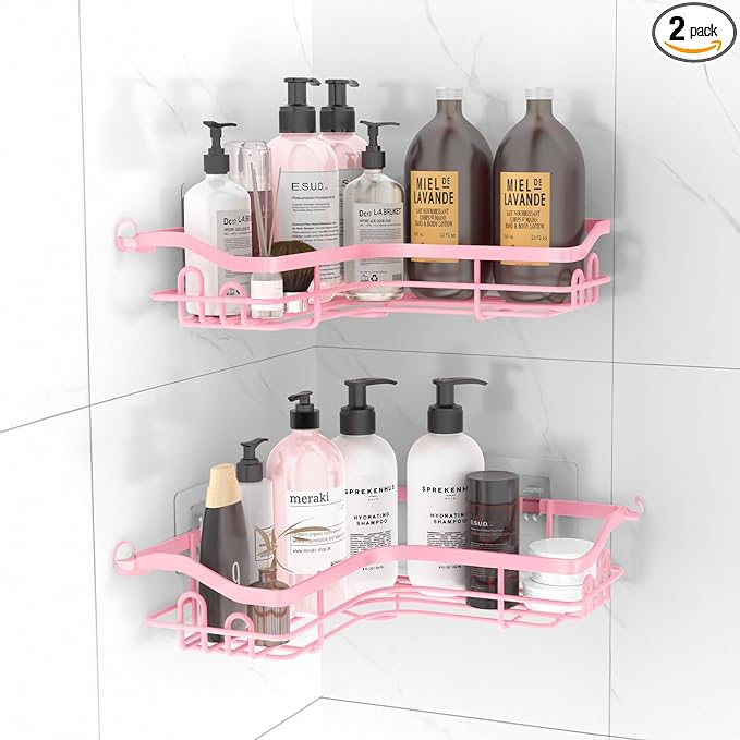 Pink Corner Adhesive Shower Caddy,Rustproof Stainless Steel Corner Shower Shelves for Bathroom Kitchen, No Drilling Wall Mounted Shower Rack for inside Shower, 2 Pack