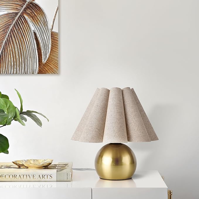 Gold Small Bedside Table Lamp, Brass Gold Bedroom Lamps, Cute Mini Table Lamps for Small Spaces with Scalloped Shade for Living Room, Kids Dorm