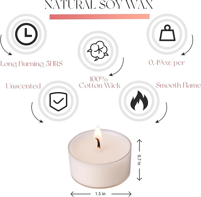 12 Unscented Natural Soy Tealight Candles in Clear Cups, 5H Long Clean Burning, Hand-Poured Coloful Mini Tea Candle Set for Parties, Spa, Meditation, Gift, Holiday, Emergency, Home Decor