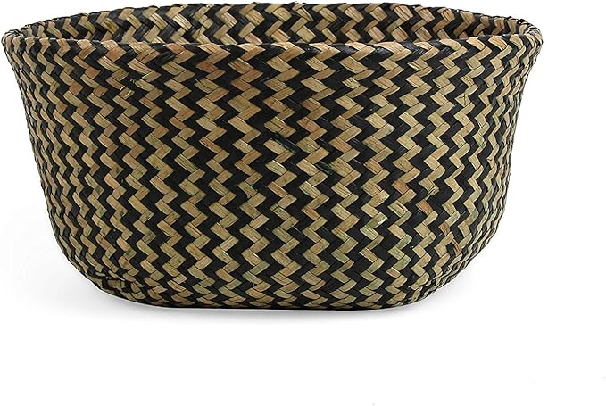 Woven Seagrass Belly Basket for Storage, Plants, Laundry, Picnic and Groceries (Medium, Black Strips)
