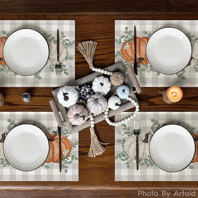 Artoid Mode Orange Pumpkins Eucalyptus Leaves Fall Placemats Set of 6, 12x18 Inch Seasonal Autumn Table Mats for Party Kitchen Dining Decoration