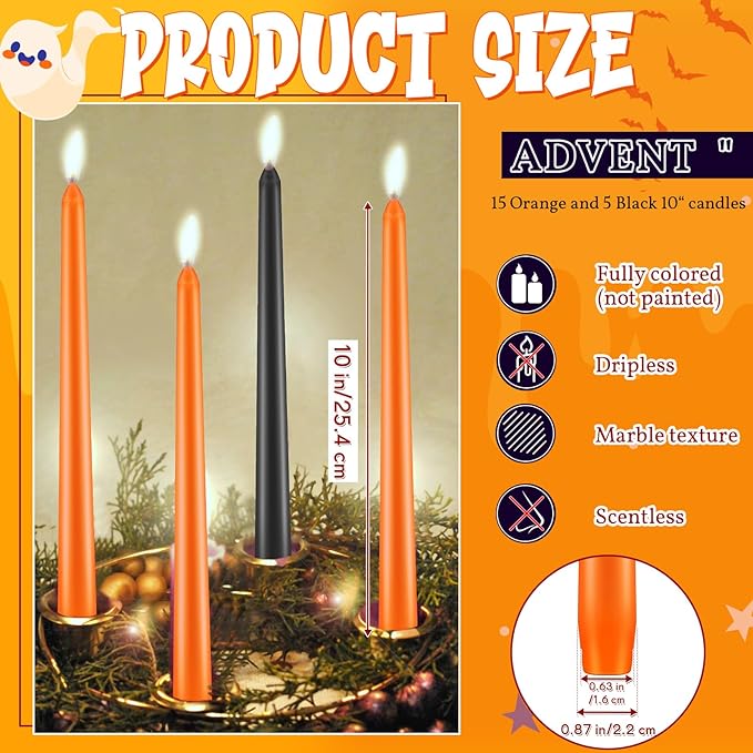 Patelai 20 Pcs Halloween Candles 10 Inch Unscented Dripless Christmas Advent Candle Set 20 Taper Candles Candlestick for Halloween Church Holiday Decoration Seasonal Party(Orange and Black)