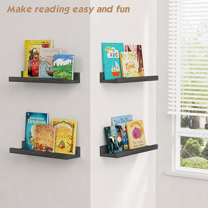 Forbena Corner Floating Shelves for Wall with Lip Set of 4, Black Small Wood Picture Ledge Shelf for Living Room Bedroom Bathroom Nursery Books, Repisas Flotantes de Pared para Cuarto Sala Baño Negro