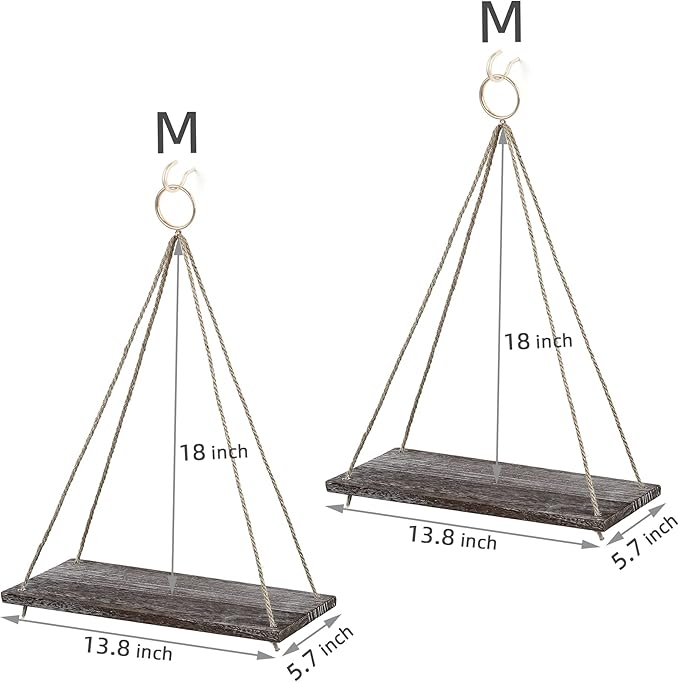 MITIME Hanging Shelves - Indoor Plant Shelf & Wall Hanging - Floating Shelves for Bedroom, Bathroom, Living Room - Macrame Wall Decor, Boho Style, Set of 2 (Medium)