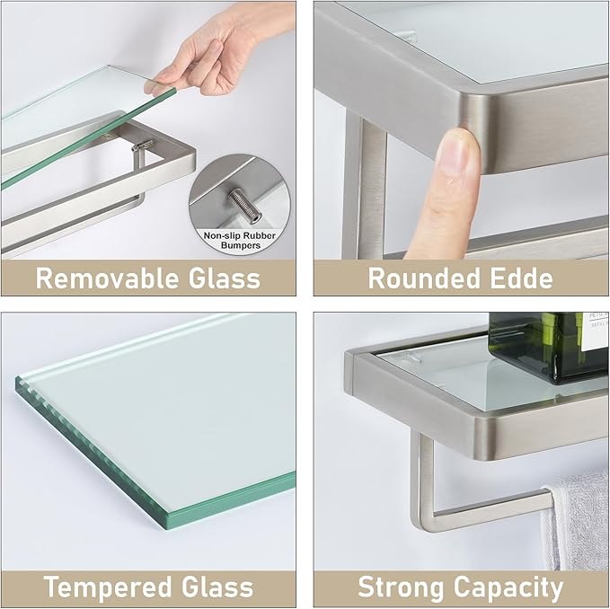 Glass Shelves/Shelf Wall Mount 20-in with Towel Bar/Rack Floating Shelves for Bathroom Tempered Glass Rectangular 1 Tier Organizer Wall Shelf (Brushed Nickel, 20'')