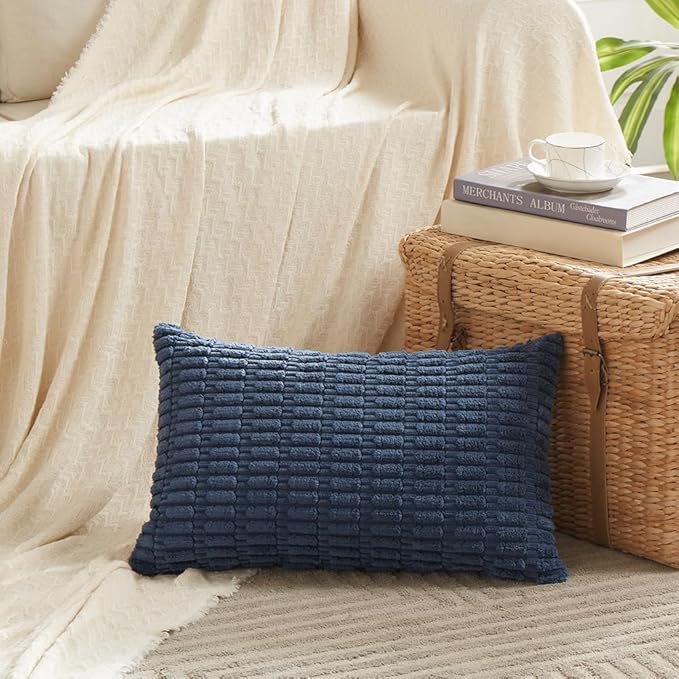 Fancy Homi 4 Packs Dusty Blue Decorative Throw Pillow Covers 12x20 Inch for Living Room Couch Bed Sofa, Rustic Farmhouse Boho Home Decor, Soft Plush Striped Corduroy Square Cushion Case 30x50 cm
