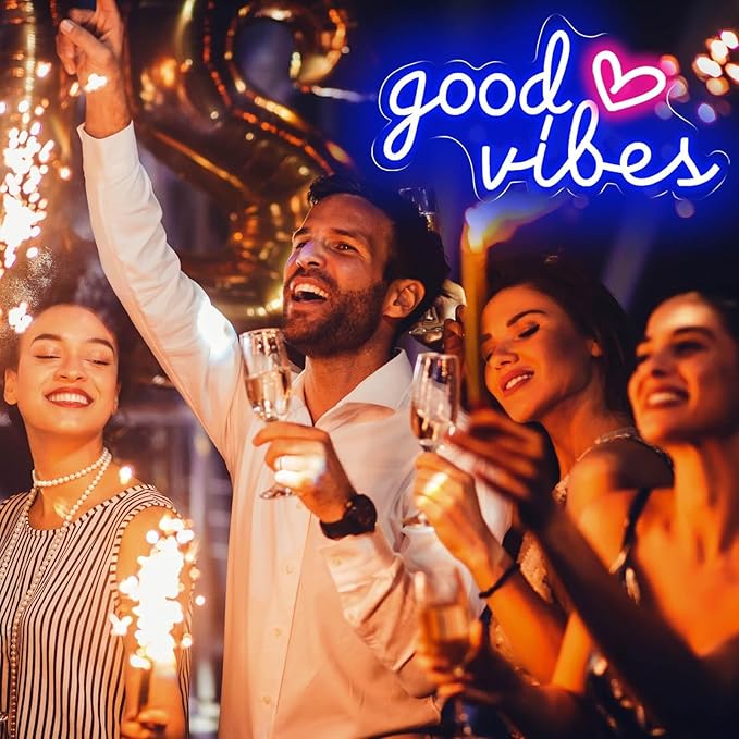 Blue Good Vibes Neon Signs for Wall Decor, Room Decor Aesthetic Good Vibes Neon Light Blue, USB Good Vibes LED Sign for Bedroom, Pink Heart & Good Vibes Light up Sign for Teen Boys Men Cave
