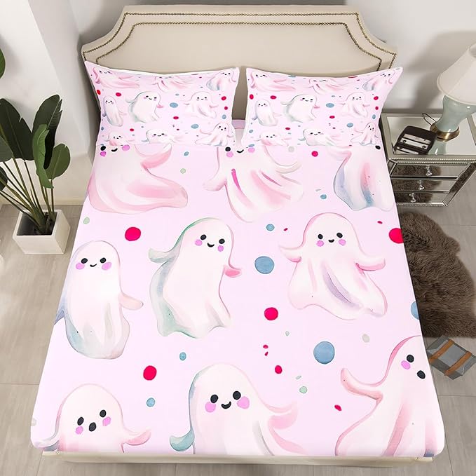 Feelyou Halloween 4 Pieces Sheet with 16 Inch Deep Pockets Queen Size Kids Cute Ghosts Bedding for Boys Girls Teens Pink Bed Sheets Set