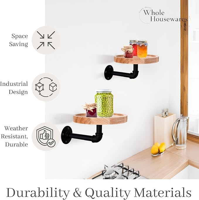 WHOLE HOUSEWARES Pipe Shelf with Round Floating Shelves - Set of 2 | Rustic Industrial Style with Metal Pipe Brackets | 7.1 x 3.3 Inches | Stylish Wall-Mounted Storage for Home Decor